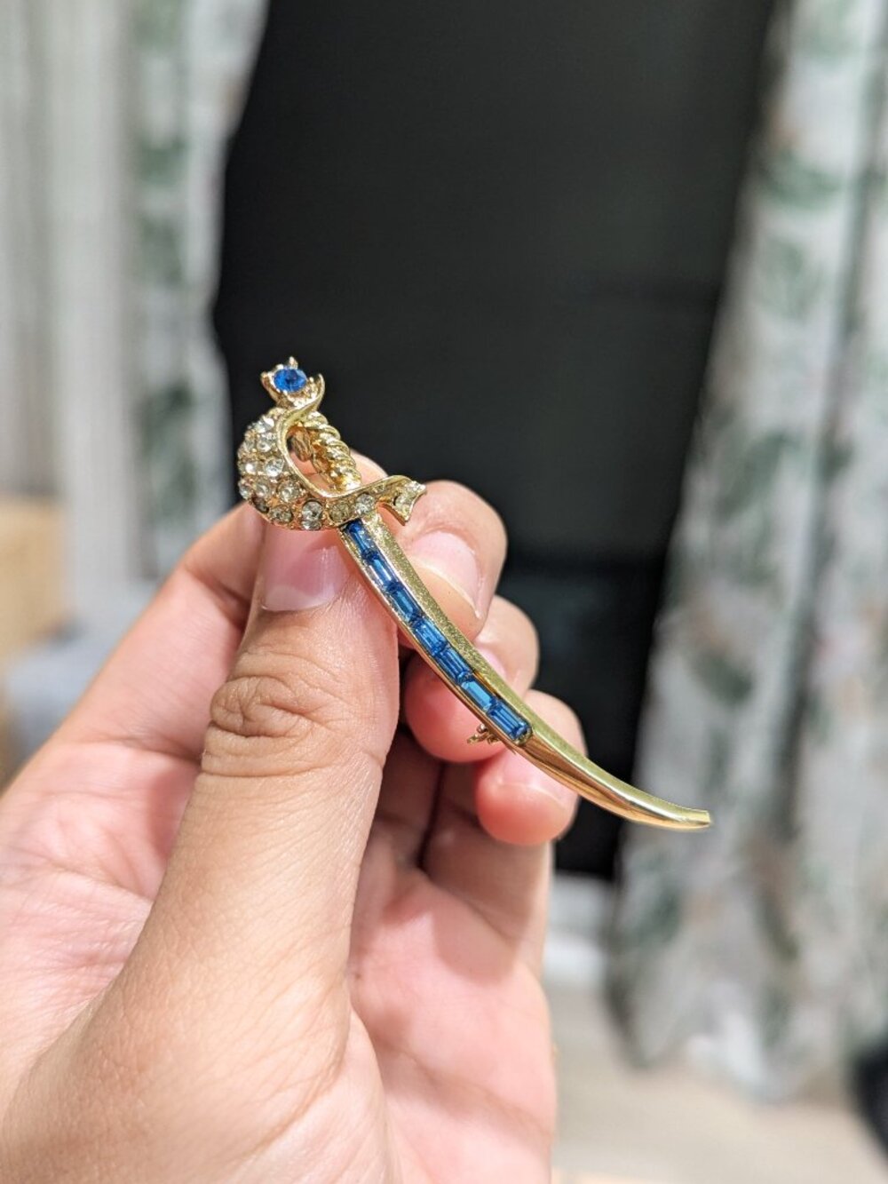 Vintage Coro Blue Baguette Rhinestone Pave Hilt Sword Brooch
